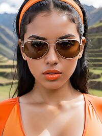 A 25 year old Cuban woman short and petite wearing orange swimwear in the Sacred Valley